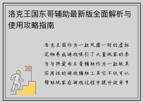 洛克王国东哥辅助最新版全面解析与使用攻略指南